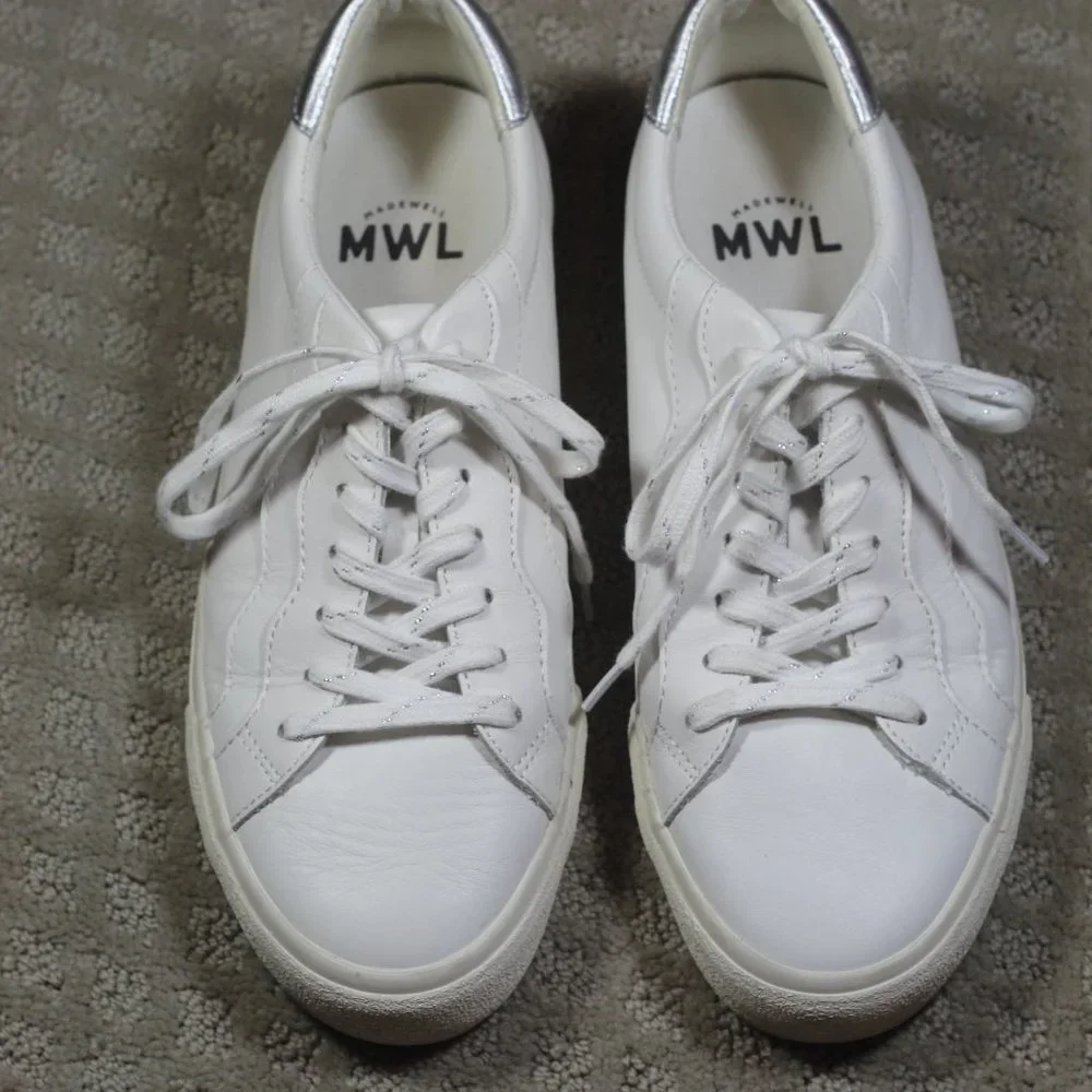 Madewell Women's Size 10 Sidewalk Wavy Low Top Sneakers White Leather Silver